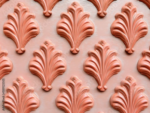 Coral pink ornate leaf pattern wall texture. photo