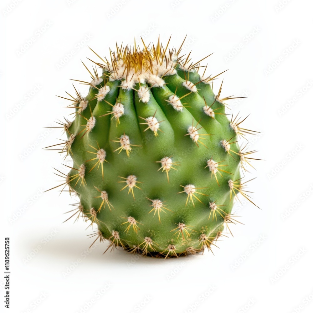 a round green cactus with yellow spines sits against a white background a round green cactus with yellow spines sits against a white background
