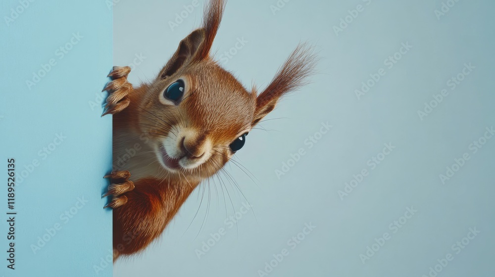 Fototapeta premium A playful squirrel peeks around a blue background, showcasing its curious expression.