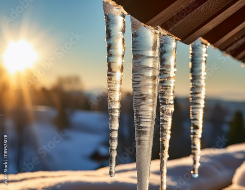  氷の自然美_「屋根の端から垂れ下がった氷柱のクローズアップ。雪の背景がぼやけ、冬の日差しで輝いています。」 photo