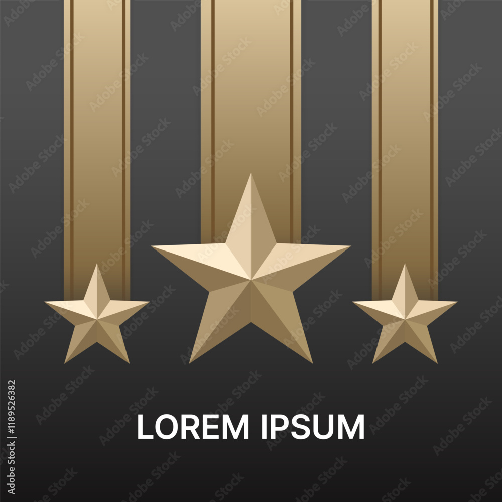 Obraz premium Volumetric golden stars on a background of three stripes and space for text