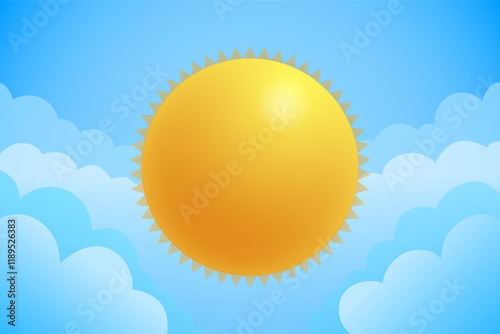 Stylized sun against a blue sky and beautiful clouds. Vector illustration of cloudscape