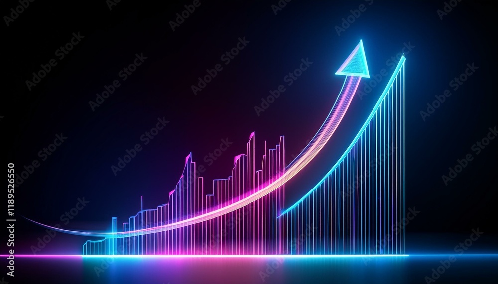 Fototapeta premium Rising graph in glowing neon colors, brightly shining lines on a dark background