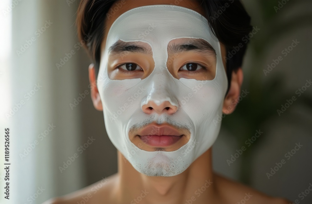 Fototapeta premium Portrait of a young Asian man with a cosmetic mask on his face at home. Facial skin care