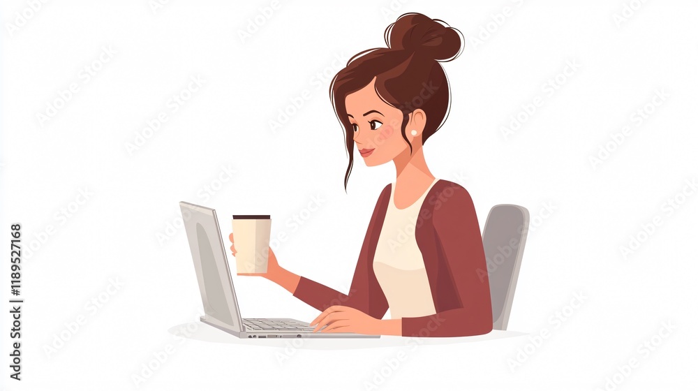 Professional woman working on laptop, drinking coffee and chatting online Professional woman working on laptop, drinking coffee and chatting online
