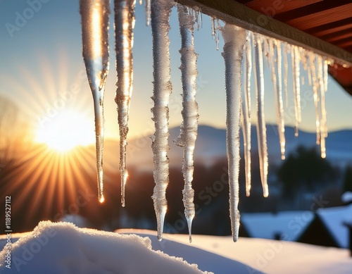  氷の自然美_「屋根の端から垂れ下がった氷柱のクローズアップ。雪の背景がぼやけ、冬の日差しで輝いています。」 photo