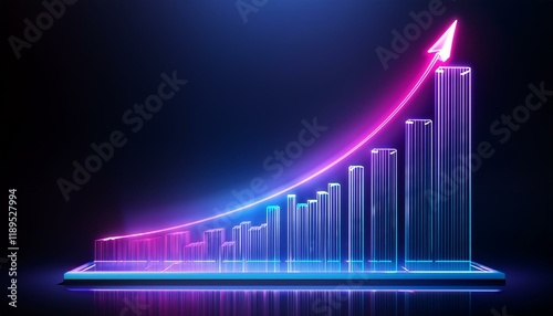 Rising graph in glowing neon colors, brightly shining lines on a dark background