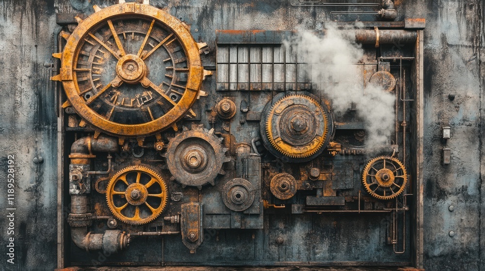 Ornate steampunk mechanical gears and pipes on a weathered metal surface with steam. Ornate steampunk mechanical gears and pipes on a weathered metal surface with steam.