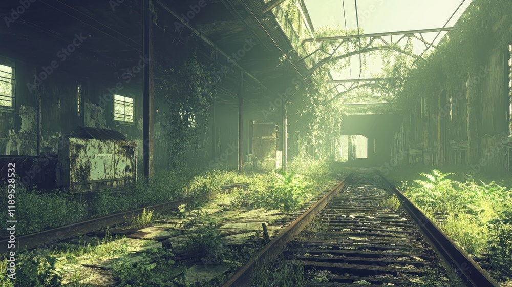 overgrown, abandoned train station, rusty rails, jungle vegetation, decaying structure, vintage, sunlit tunnel, overgrown tracks, nature reclaiming, weathered, industrial, forgotten place, decay, over overgrown, abandoned train station, rusty rails, jungle vegetation, decaying structure, vintage, sunlit tunnel, overgrown tracks, nature reclaiming, weathered, industrial, forgotten place, decay, over