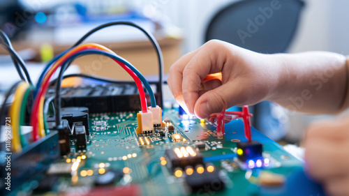 Close-Up of Hands Working on Electronic Circuit Board. A close-up image of hands delicately working on an electronic circuit board, showcasing the intricate details of the components and wiring.