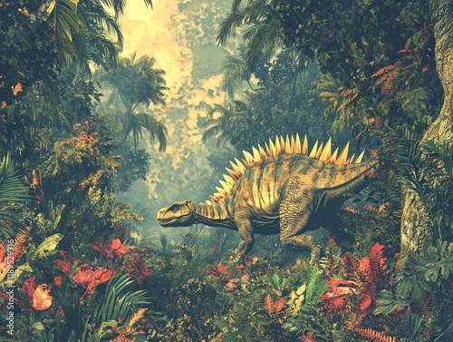 Majestic Dinosaur Roaming Through a Lush, Verdant Jungle Landscape Under Bright Sunlight.