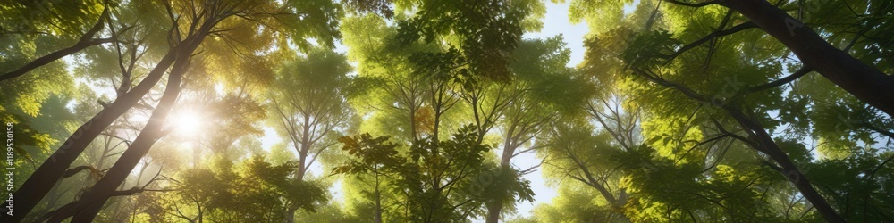 Obraz premium Forest canopy with sunlight filtering through leaves, natural light, serene landscape