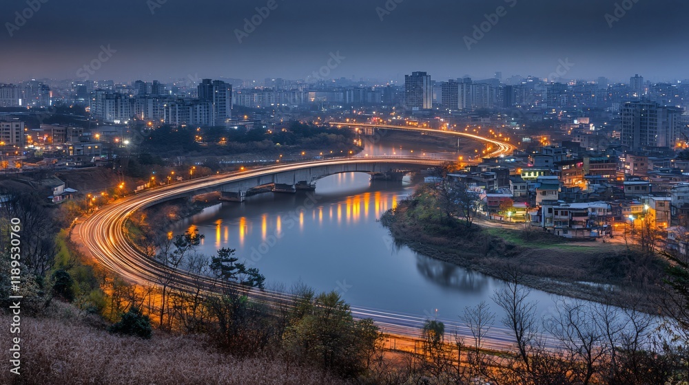 Fototapeta premium Night Cityscape Bridge River Lights Trails Stunning Aerial View