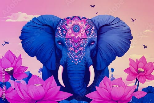 Vibrant blue Indian elephant with pink mandala on lotus background. Ganesh Chaturthi. Illustration in bold style for design banner, poster, greeting card, print
