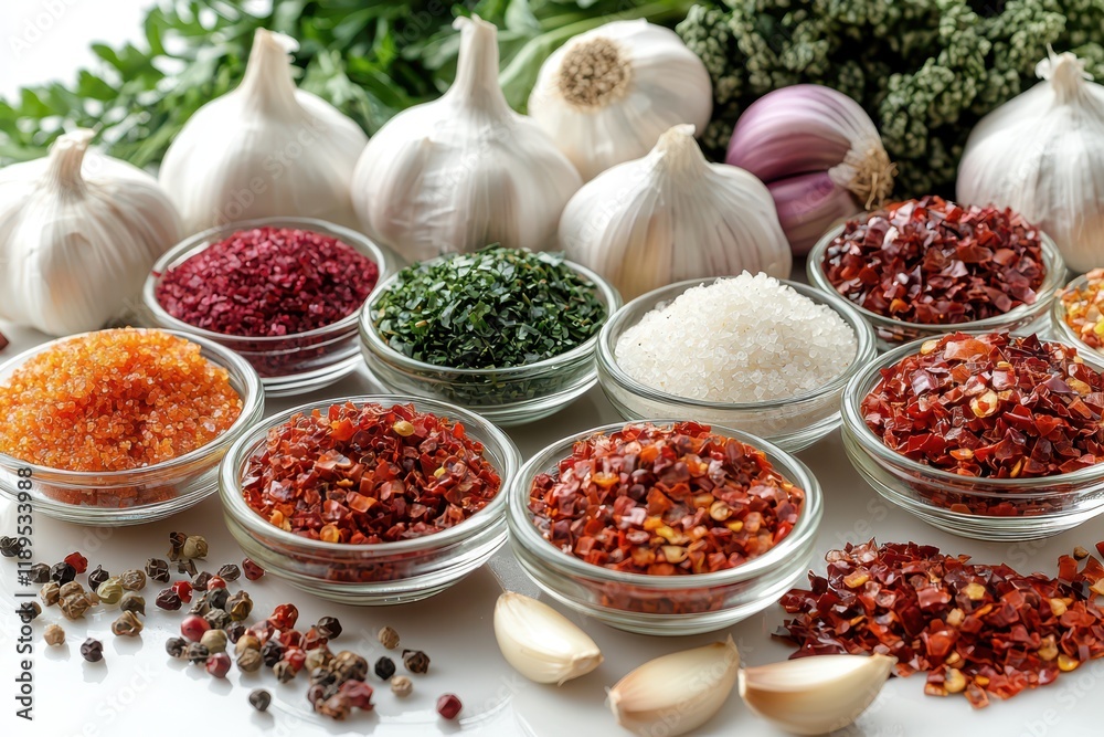 Chili flakes and garlic in small dishes, showcasing bright colors and an exciting culinary presentation for an aromatic appeal. Chili flakes and garlic in small dishes, showcasing bright colors and an exciting culinary presentation for an aromatic appeal.