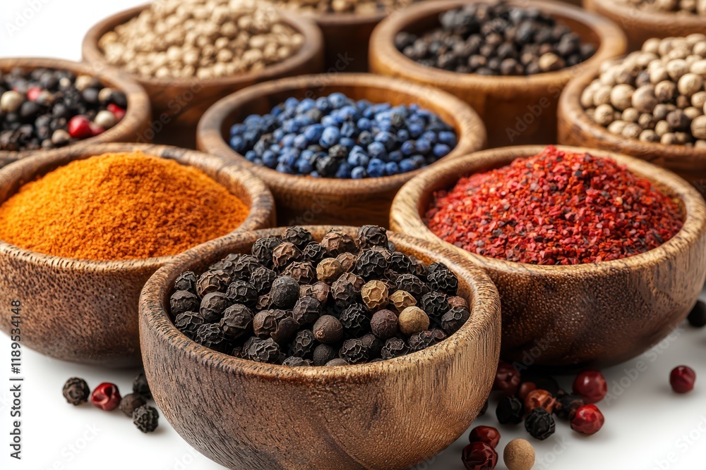 Assorted cumin and black pepper in small bowls, highlighting rich colors and enhancing culinary art with their aromatic appeal. Assorted cumin and black pepper in small bowls, highlighting rich colors and enhancing culinary art with their aromatic appeal.