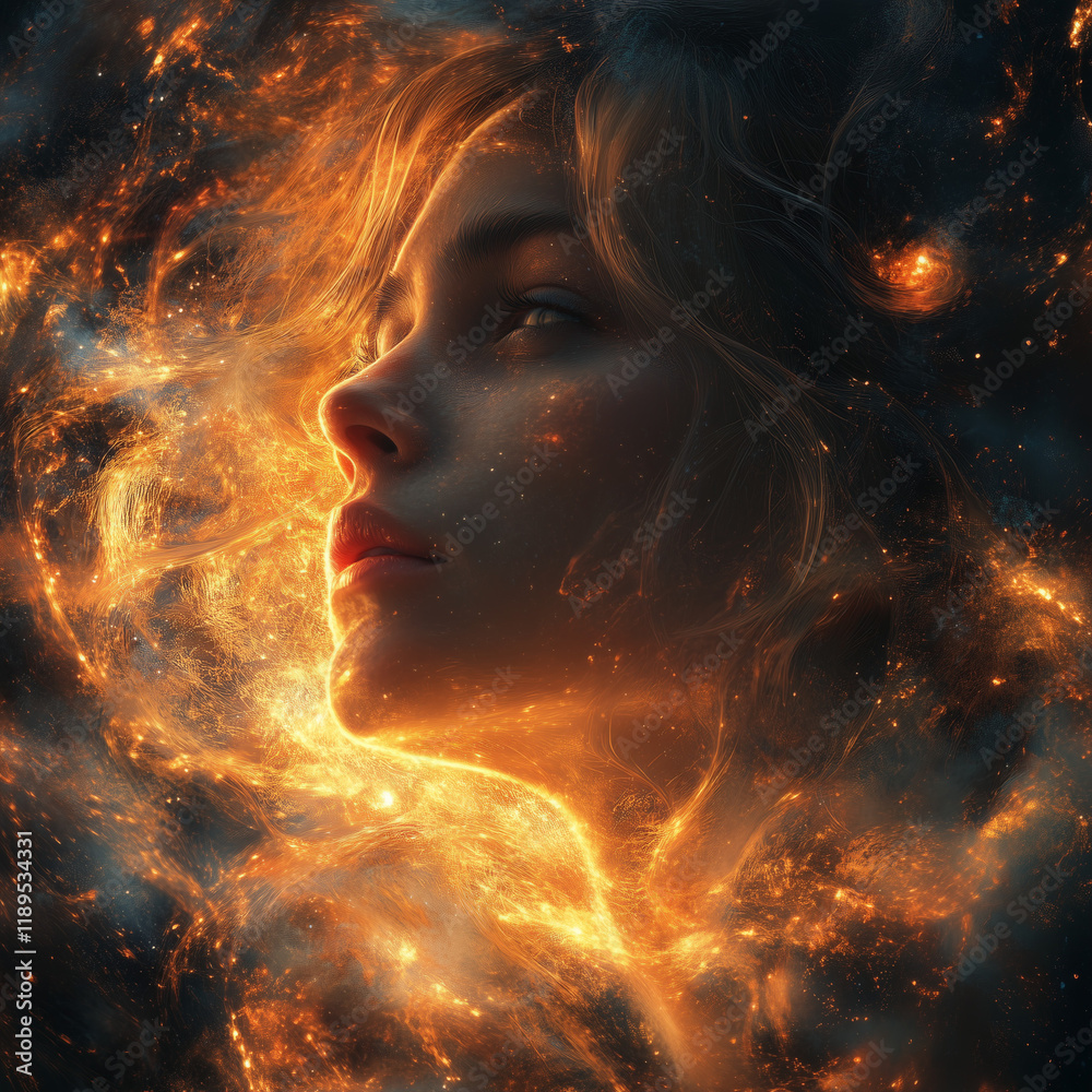 Woman contemplating in a cosmic environment with glowing nebulae Woman contemplating in a cosmic environment with glowing nebulae
