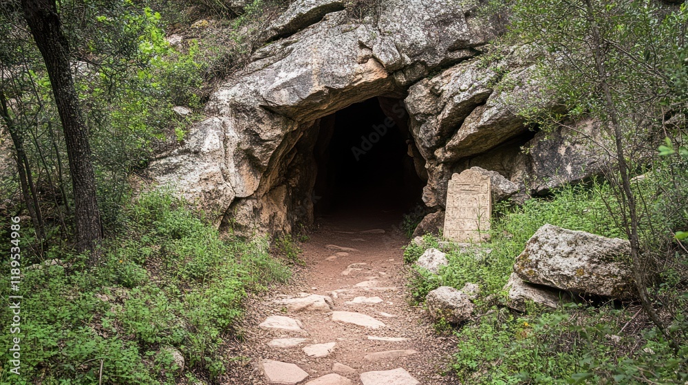 Rocky path leading to a dark cave entrance in a wooded area. Rocky path leading to a dark cave entrance in a wooded area.