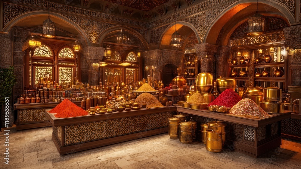 Obraz premium Exotic spice market interior, rich colors, Middle Eastern design, background shelves, for travel brochures