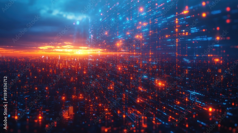 Fototapeta premium Futuristic city skyline at sunset with digital data streams.