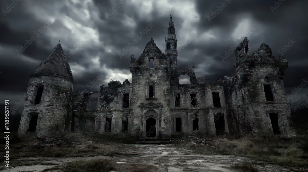 Ruined gothic mansion under stormy sky. Ruined gothic mansion under stormy sky.