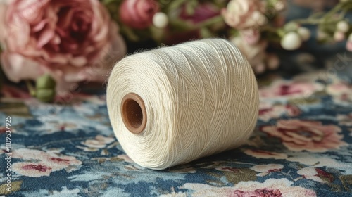 Elegant spool of thread resting on a floral embroidered fabric in a cozy work...