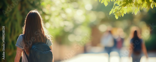 Students walking through a college campus on a sunny day, defocused background