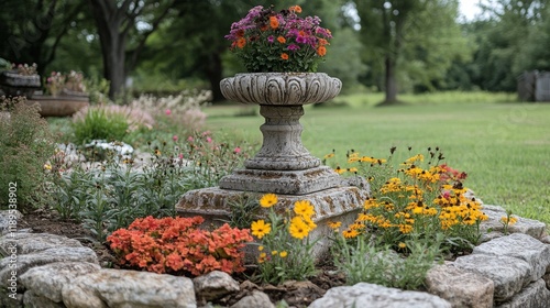 Garden serenity with stone cat sculptures surrounded by blooming flowers and ...