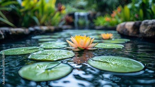 Serene garden with a statue and blooming lilies under a clear blue sky