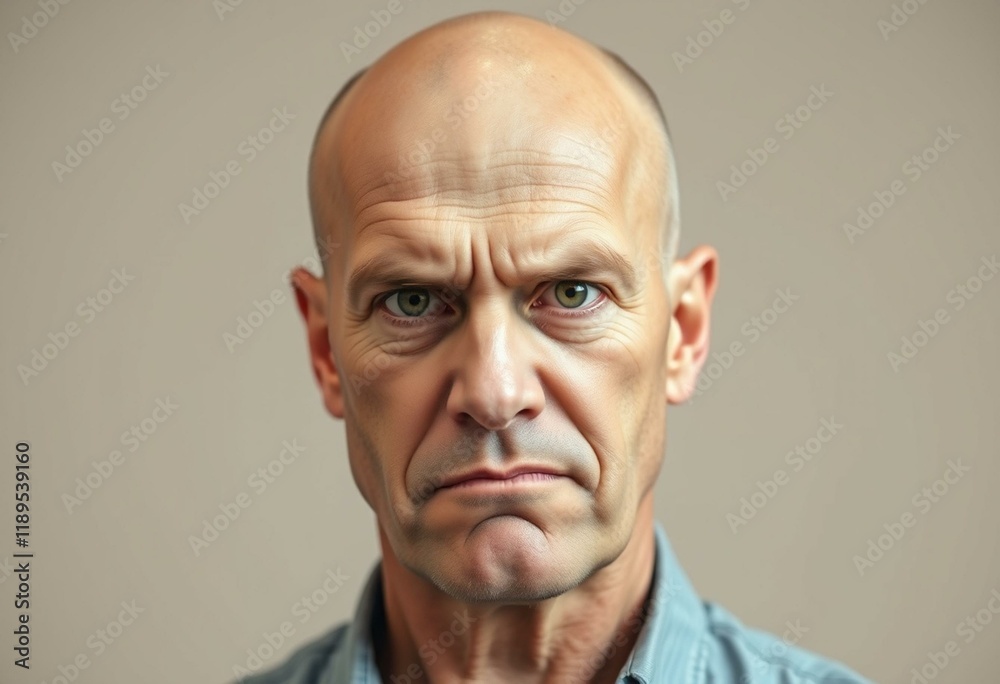 Bald man with scowl and neutral background Bald man with scowl and neutral background