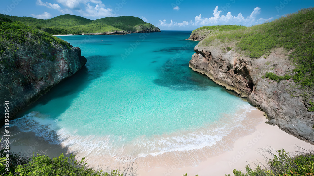 Fototapeta premium Idyllic Tropical Island: Aerial View of a Pristine Paradise with Turquoise Waters and White Sandy Shores