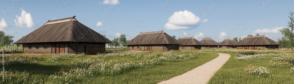 Charming Rustic Wooden Huts in a Tranquil Meadow Surrounded by Nature's Beauty Charming Rustic Wooden Huts in a Tranquil Meadow Surrounded by Nature's Beauty