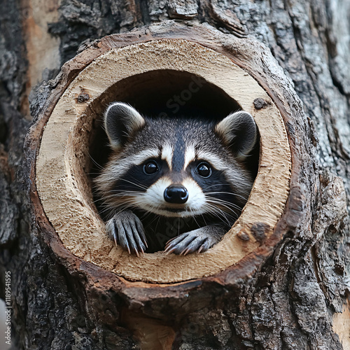 Curious raccoon peeking out of a hollow tree trunk, displaying its distinctive masked face and playful expression, set in a rustic woodland environment photo