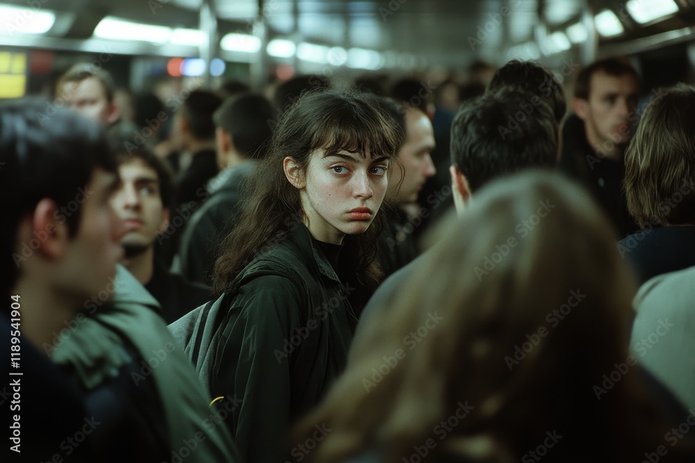 Fototapeta premium Unsettled feelings in a packed subway car evoke the reality of claustrophobia and confinement