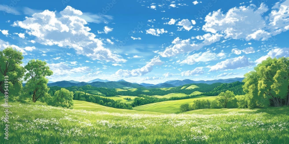 Fototapeta premium Vibrant meadow with blooming flowers and mountains