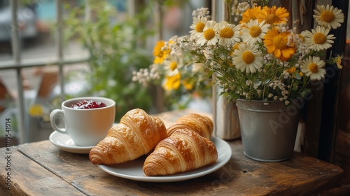 Enjoying fresh croissants and tea beside a flower arrangement on a wooden table