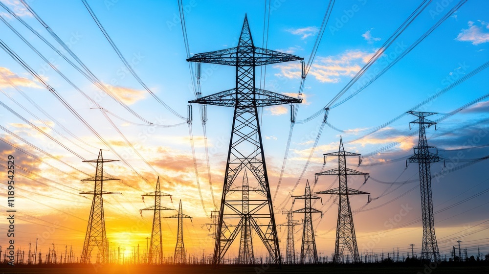 Silhouettes of power lines and pylons at sunset. Silhouettes of power lines and pylons at sunset.