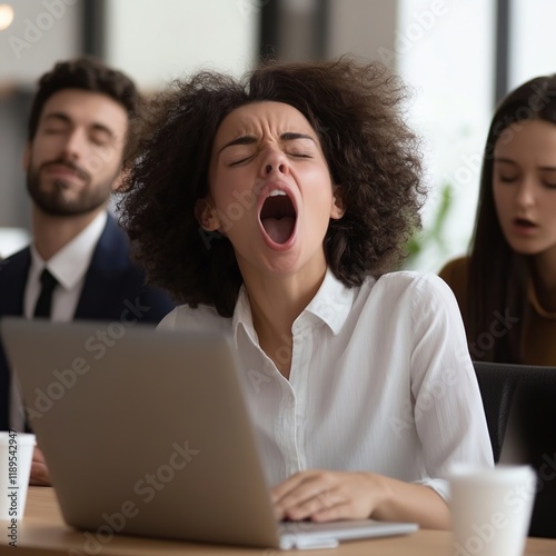 Tired businesswoman yawning at meeting. photo