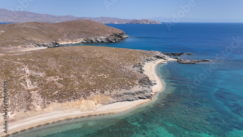 Aerial drone photo of secluded paradise sandy beaches and natural sand dunes in inhabited small island of Antipsara, North Aegean sea, Greece photo