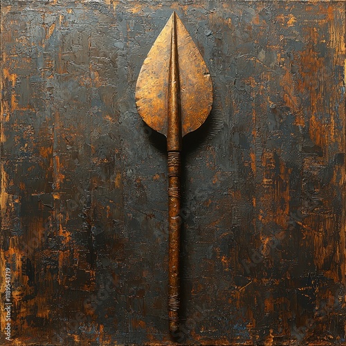 Antique bronze spearhead on dark wood. photo