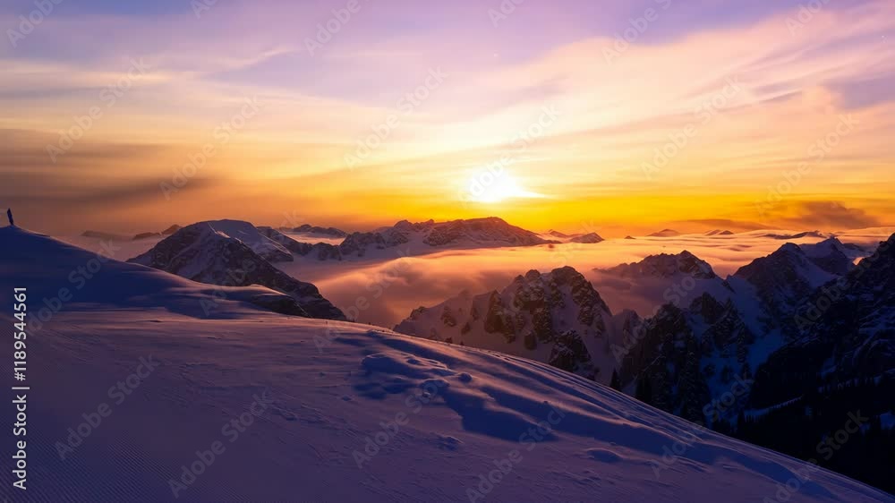 Sunset over the mountains, snowy mount peaks and colorful sky Sunset over the mountains, snowy mount peaks and colorful sky