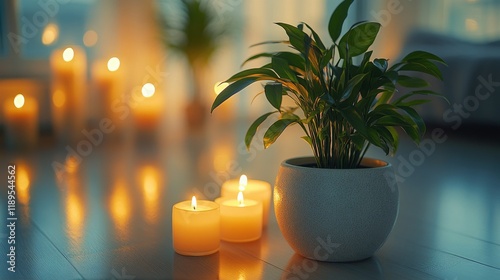 Decorative plant in a pot with candles glowing at sunset in a cozy indoor set...