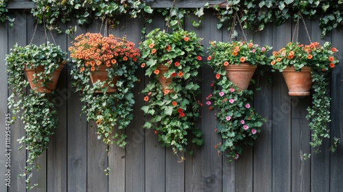 Hanging pots with greenery adorn a wooden fence in a serene garden setting