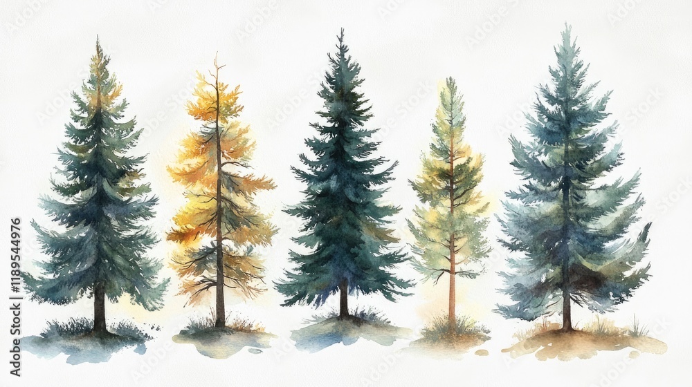 Watercolor Painting of Five Coniferous Trees Watercolor Painting of Five Coniferous Trees
