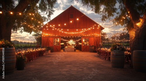 Charming barn venue decorated with string lights for an evening celebration i...