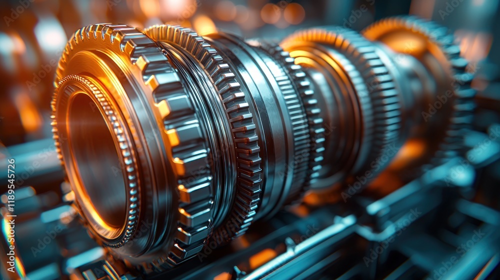 Obraz premium Close-Up of Interlocking Gears in a Mechanical Workshop Setting