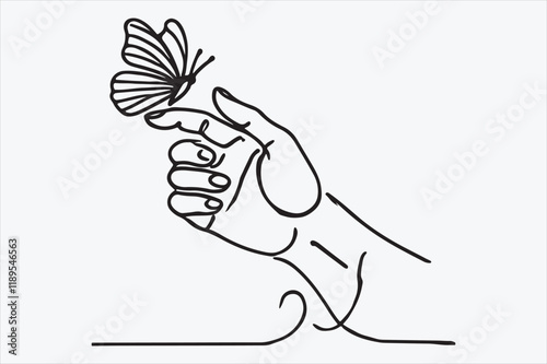 line drawing of a delicate hand holding a butterfly.