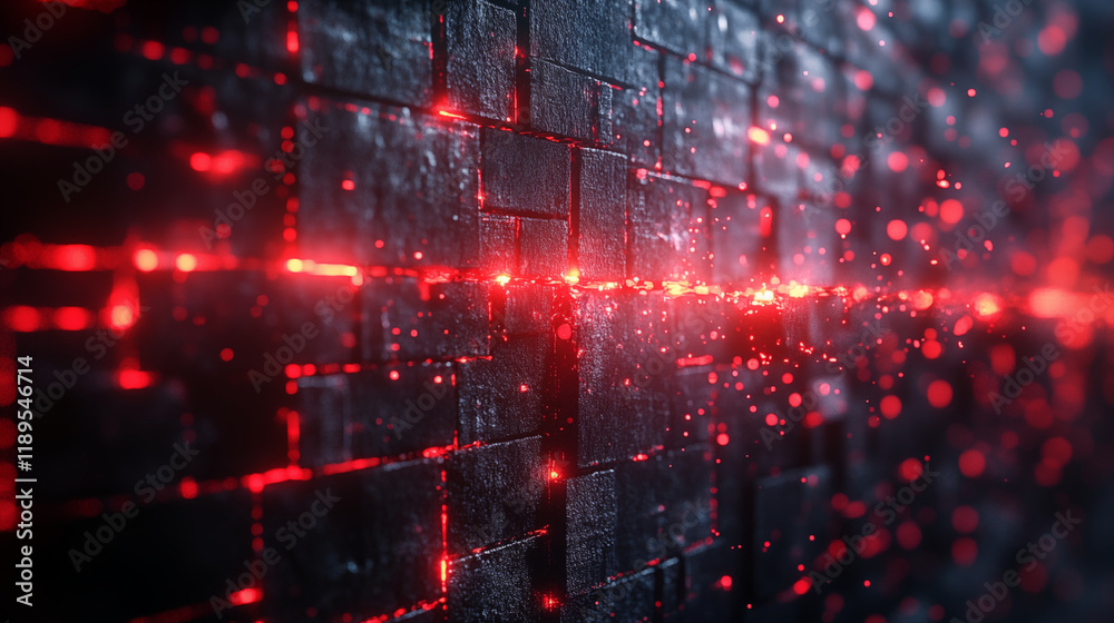 Brick wall illuminated by red light streams, urban architectural texture Brick wall illuminated by red light streams, urban architectural texture