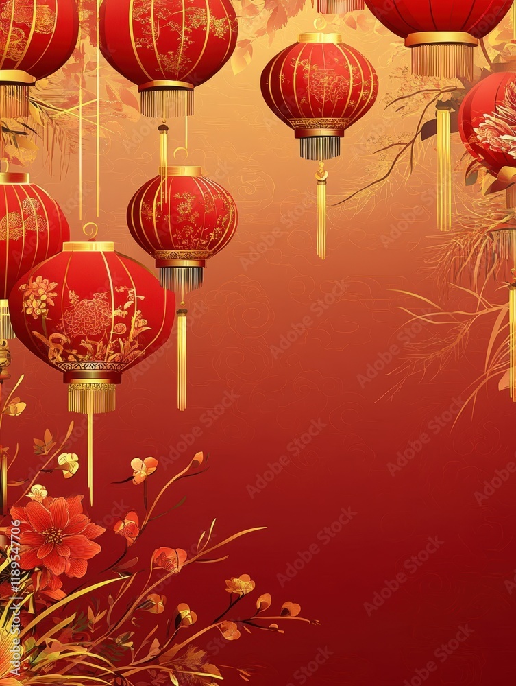 Obraz premium Festive Red Lanterns Asian Floral Design Chinese New Year Background
