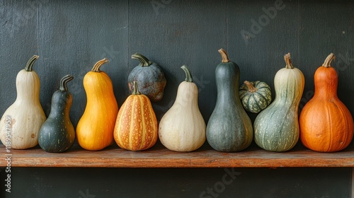 Colorful assortment of pumpkins displayed in wooden crate for autumn harvest ...